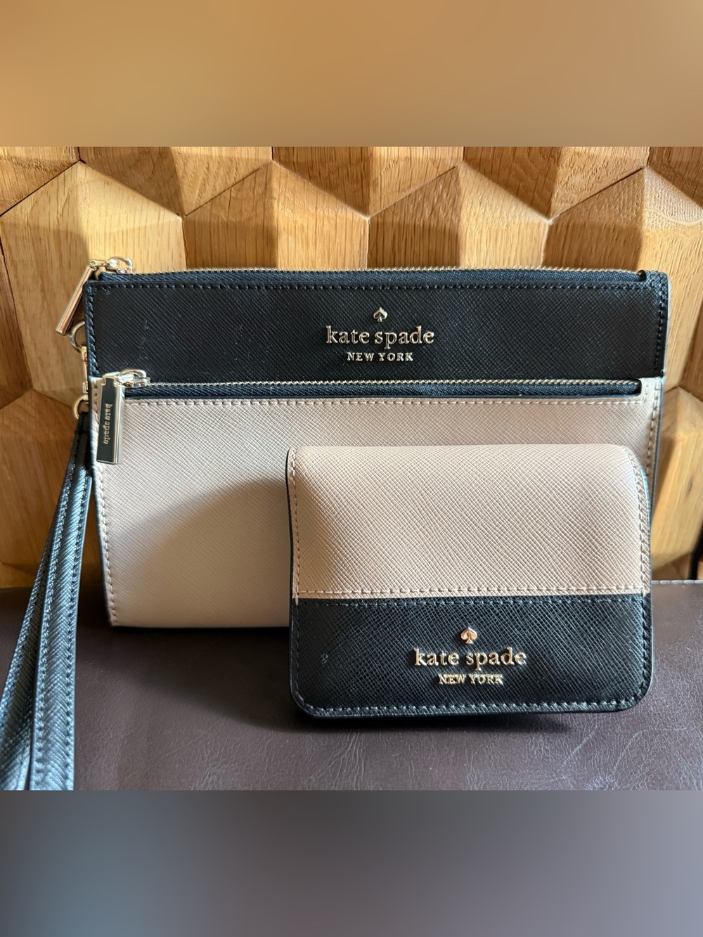 Kate Spade Black and Cream Wallet & Zip Pouch Set (BUNDLE)